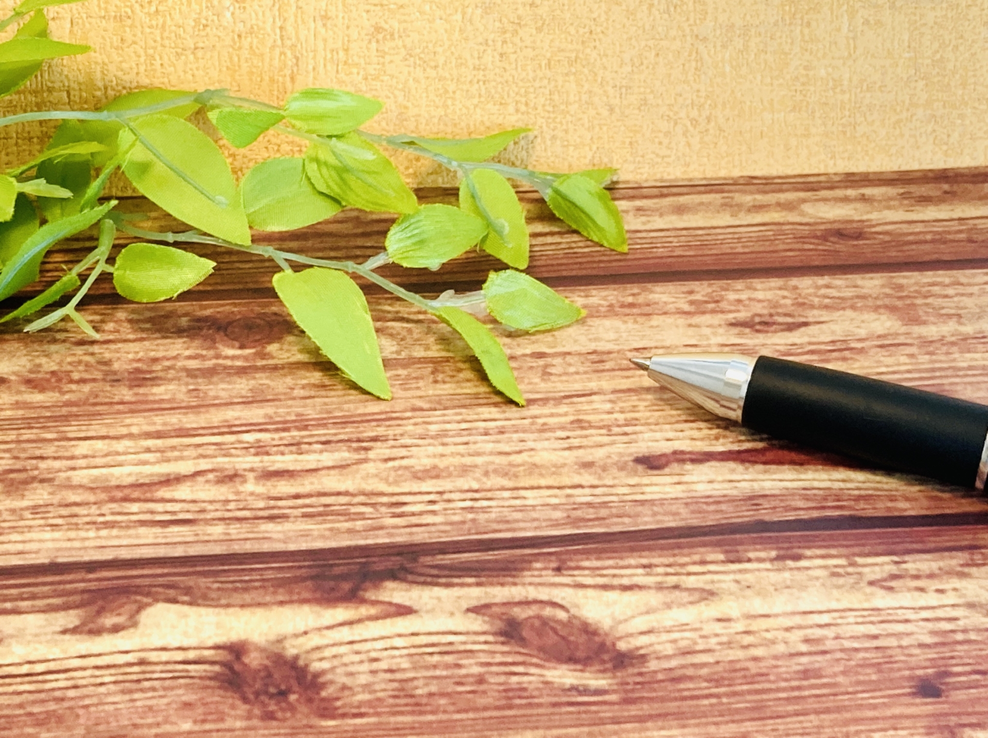 ペンと植物が置いてある机